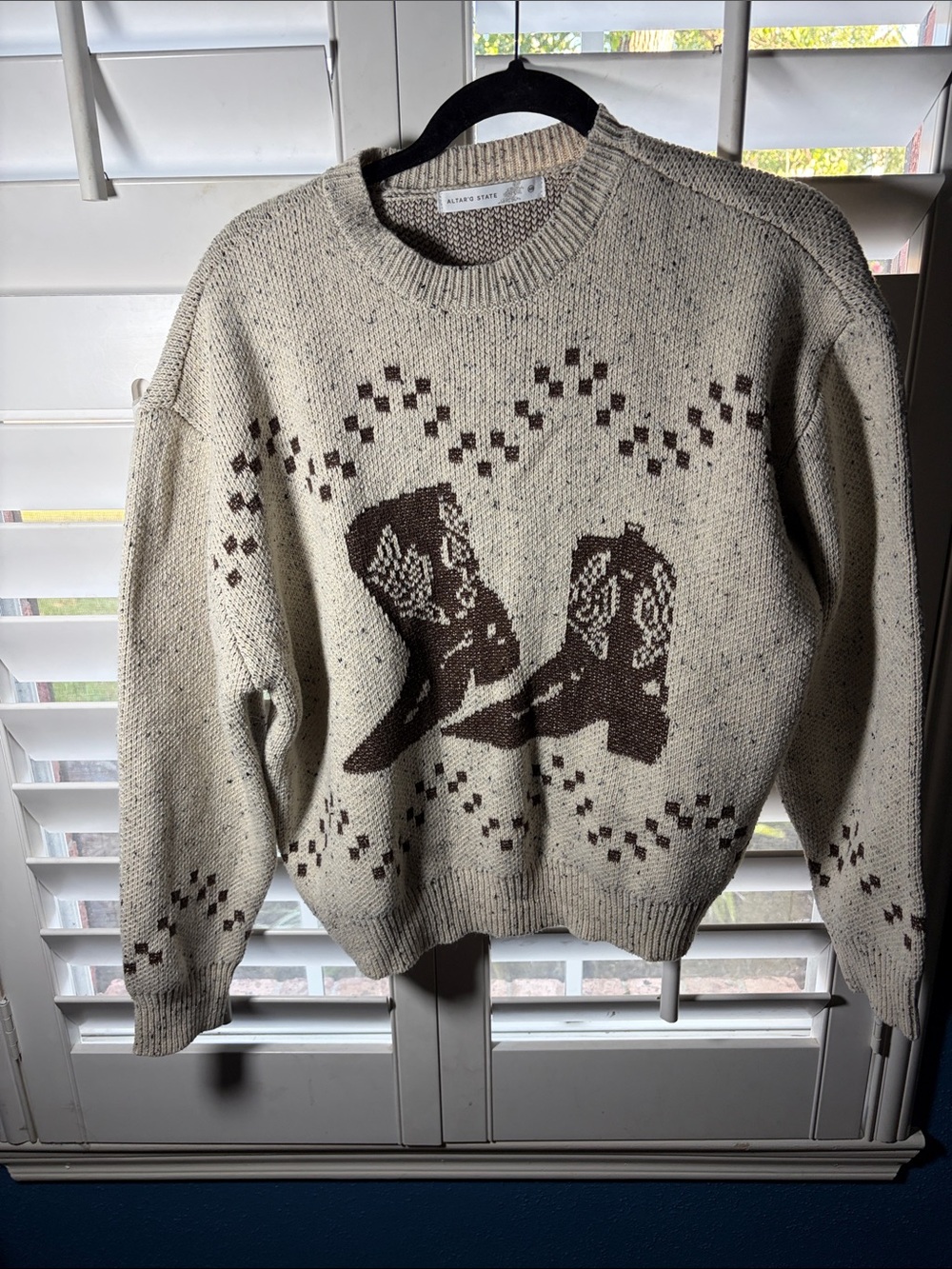 Altr’d State Women’s Cream Sweater with Brown Cowboy Boot Motif
